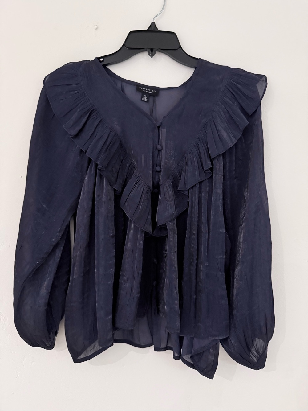 Current Air Navy Ruffle-Front Long Sleeve Blouse